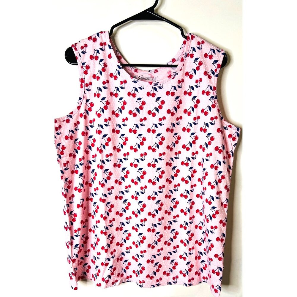 Cherry Print Pink Sleeveless Tank Top Easy Essentials XL 100% Cotton